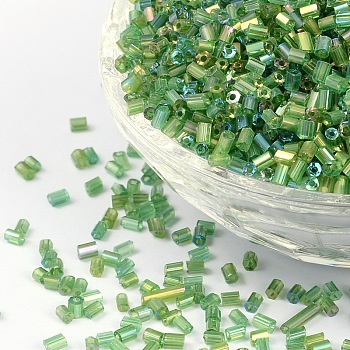11/0 Two Cut Glass Seed Beads, Hexagon, Trans.Colours Rainbow, Green, Size: about 2.2mm in diameter, about 37500pcs/Pound