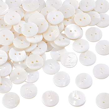 Elite 100Pcs Shell Buttons, 2-Hole, for Garment Accessories, Flat Round, Snow, 15x2mm, Hole: 1.5mm