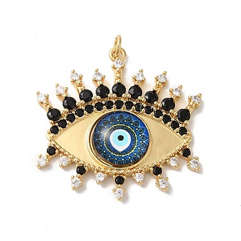 Rack Plating Brass Cubic Zirconia Pendants, with Glass, Lead Free & Cadmium Free, Long-Lasting Plated, with Jump Ring, Evil Eye, Real 18K Gold Plated, Marine Blue, 35x35.5x5mm, Hole: 3.5mm