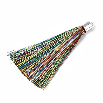 Fiber Tassel Big Pendant Decorations, with Platinum Plated Brass Finding, Colorful, 70~73x7~25mm, Hole: 1.8mm