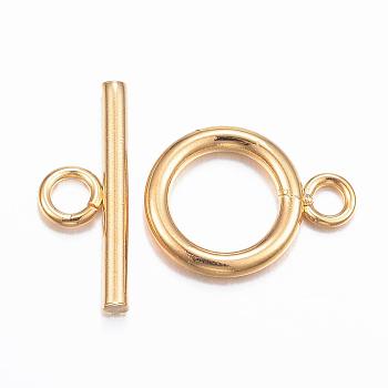304 Stainless Steel Toggle Clasps, Real 18k Gold Plated, Ring: 16x12x2mm, Hole: 2.5mm, Bar: 18x7x2mm, Hole: 3mm