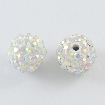 Pave Disco Ball Beads, Polymer Clay Rhinestone Beads, Round, Crystal AB, 10mm, Hole: 2mm