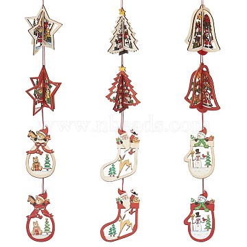 Christmas Wooden Ornaments, Christmas Tree Hanging Decorations, for Christmas Party Gift Home Decoration, Mixed Shapes, Red(DIY-TA0002-78)