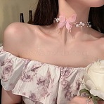 Butterfly Gauze Crystal Rhinestone with Plastic Pearl Choker Necklaces, Pink, 43.31 inch(110cm)(FS-WG41A31-06)