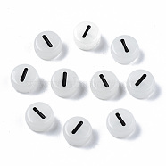 Acrylic Beads, with Enamel and Luminous, Horizontal Hole, Flat Round with Black Letter, Glow in the Dark, Light Grey, Letter.I, 7x3.5mm, Hole: 1.5mm, about 3600~3700pcs/500g(SACR-S273-29I)