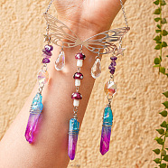 Wire Wrapped Glass Pendant Decorations, Hanging Suncatchers, with Metal Wing Link and Natural Amethyst Chips, for Home Garden Decorations, Mushroom, Fuchsia, 220mm(PW-WG82324-08)
