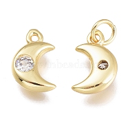 Brass Micro Pave Cubic Zirconia Charms, with Jump Ring, Moon, Golden, Clear, 10x6.5x2.5mm, Hole: 1.5mm, Jump rings: 3.5x0.8mm(KK-M206-26G-04)