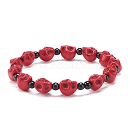 Natural Mashan Jade Skull & Synthetic Turquoise(Dyed) Beaded Stretch Bracelet, Gemstone Jewelry for Women, Red, Inner Diameter: 2-1/8 inch(5.5cm)(BJEW-JB08377-02)