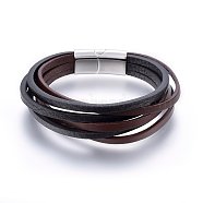 Leather Cord Multi-strand Bracelets, with 304 Stainless Steel Magnetic Clasps, Rectangle, Stainless Steel Color, 8-5/8 inch(22cm), 4~24x3mm(BJEW-G603-39P)