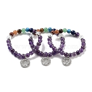 Natural Amethyst Round Beaded Chakra Stretch Bracelets, Brass Micro Pave Cubic Zirconia Tree Charm Bracelets for Women, Inner Diameter: 2-1/4 inch(5.6cm)(BJEW-K251-01D)