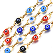 Ion Plating(IP) 304 Stainless Steel Textured Oval Cable Chains, with Enamel Evil Eye Beads, with Spool, Unwelded, Real 18K Gold Plated, Nickel Free, Colorful, 11x5.5x3mm, 7.5x3x1mm, about 32.81 Feet(10m)/Roll(CHS-T003-33G-06)