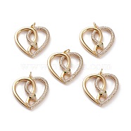 Brass Micro Pave Clear & Green Cubic Zirconia Findings Pendants, Heart Shape Snake, Real 18K Gold Plated, 24.5x24x3.5mm, Jump Ring: 5x1mm, 3mm Inner Diameter(KK-C100-22G)