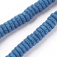 Natural Lava Rock Beads Strands, Dyed, Flat Round/Disc, Steel Blue, 8~8.5x3~4mm, Hole: 2mm, about 62 pcs/Strand, 7.87 inch(20 cm)(G-F671-02A-03)