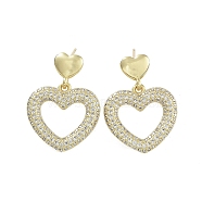 Hollow Heart Brass with Cubic Zirconia Stud Earrings, Long-Lasting Plated, Lead Free & Cadmium Free, Real 18K Gold Plated, 25x19.5mm(EJEW-Q811-33G)