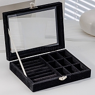 Rectangle Velvet Jewelry Organizer Boxes, Clear Visible Window Case for Rings, Earrings, Necklaces, Black, 20x15x5cm(PW-WG75798-04)