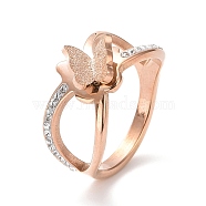 Crystal Rhinestone Criss Cross with Butterfly Finger Ring, Ion Plating(IP) 304 Stainless Steel Jewelry for Women, Rose Gold, US Size 6 1/4~9(16.8~18.9mm)(RJEW-D120-16RG)