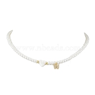 Brass Micro Pave Grade AAA Cubic Zirconia Letter Pendant Necklaces, Heart & Round Baking Painted Pearlized Glass Pearl Beaded Necklaces for Women, Letter W, 15.20 inch(38.6cm)(NJEW-JN04771-23)