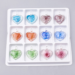 Luminous Handmade Lampwork Pendants, Inner Flower, Heart, Mixed Color, 41~46x36~38x15~16mm, Hole: 8mm, Box Size: 20x19.5x1.3cm, about 12pcs/box(LAMP-S189-04-B)