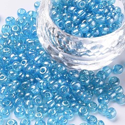 Glass Seed Beads, Trans. Colours Lustered, Round, Light Cyan, 4mm, Hole: 1.5mm, about 500pcs/50g, 50g/bag, 18bags/2pounds(SEED-US0003-4mm-103)