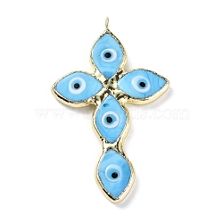 Handmade Lampwork Big Pendants, with Eco-friendly Ligh Gold Brass Findings, Long-Lasting Plated, Cadmium Free & Lead Free, Religion Cross with Evil Eye Charm, Light Sky Blue, 73.5x47x4mm, Hole: 4.2mm(LAMP-C009-05LG-03)
