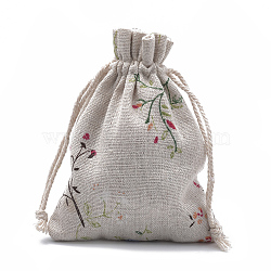 Polycotton(Polyester Cotton) Packing Pouches Drawstring Bags, with Printed Leafy Branches, Old Lace, 14x10cm(ABAG-T006-A06)
