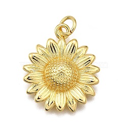 Rack Plating Brass Pendants, Sunflower, with Jump Ring, Cadmium Free & Lead Free, Long-Lasting Plated, Real 18K Gold Plated, 21x18x5mm, Hole: 3.5mm(KK-K401-56G)