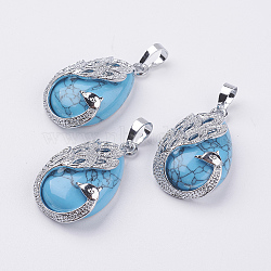 Synthetic Turquoise Pendants, with Brass Finding, Teardrop with Peacock, Platinum, 33x20x10.5mm, Hole: 5x6.5mm(X-G-E442-04A)