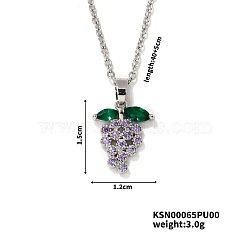 Delicate Grape Brass Rhinestones Pendant Necklace with Cable Chain for Women Girl, Violet, 15.75 inch(40cm)+5cm(PO3545)