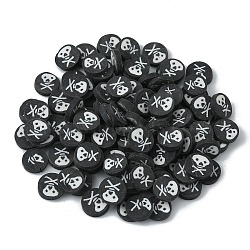 Halloween Handmade Polymer Clay Cabochons, Flat Round, Skull Pattern, 9~10x1.8~2mm(CLAY-CJC0014-08E)