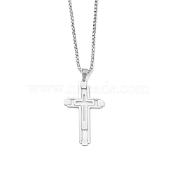 201 Stainless Steel Pendant Necklaces for Man, Cross, Stainless Steel Color, 23.62 inch(60cm), Cross: 46.5x27x1.3mm(NJEW-Q336-03B-P)