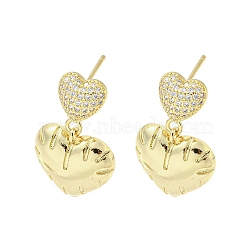 Rack Plating Real 18K Gold Plated Brass Micro Pave Cubic Zirconia Dangle Stud Earrings, Long-Lasting Plated, Lead Free & Cadmium Free, Heart, 24.5x16mm(EJEW-F331-08G-02)