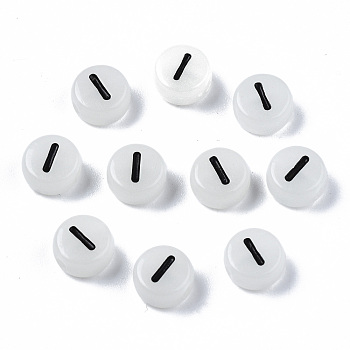 Acrylic Beads, with Enamel and Luminous, Horizontal Hole, Flat Round with Black Letter, Glow in the Dark, Light Grey, Letter.I, 7x3.5mm, Hole: 1.5mm, about 3600~3700pcs/500g