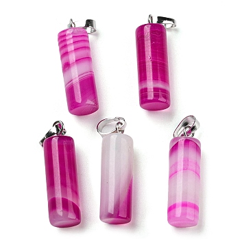Natural Banded Agate Pendants, with Platinum Tone Brass Findings, Dyed & Heated, Column Charms, 26~27x8~8.5mm, Hole: 4x6.5mm