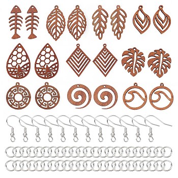 DIY Hollow Out Dangle Earring Making Kit, Including Leaf & Ring & Teardrop & Fish Bone Natural Walnut Wood Pendants, Brass Earring Hooks, Camel, 74Pcs/box