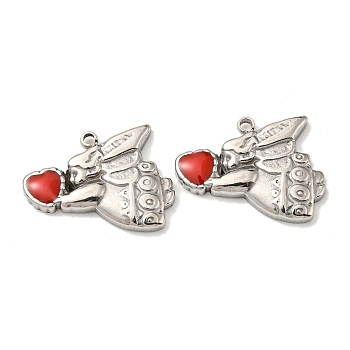 304 Stainless Steel Enamel Charms, Angel with Heart Charm, Stainless Steel Color, 12.5x14.5x2mm, Hole: 1.2mm