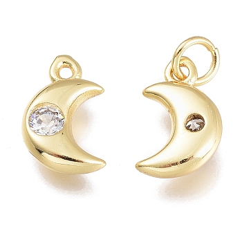 Brass Micro Pave Cubic Zirconia Charms, with Jump Ring, Moon, Golden, Clear, 10x6.5x2.5mm, Hole: 1.5mm, Jump rings: 3.5x0.8mm