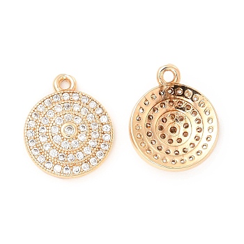 Brass Micro Pave Clear Cubic Zirconia Pendants, Flat Round Charms, Light Gold, 16.5x13x3.5mm, Hole: 1.4mm