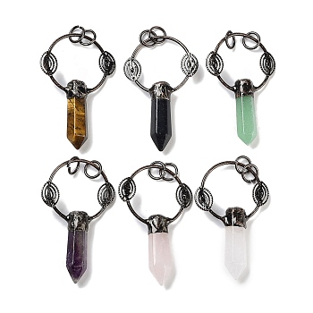 Natural Mixed Stone Faceted Pointed Bullet Big Pendants, Brass Ring Charms with Eye & Jump Rings, Red Copper, 55~58x37x9~10mm, Hole: 6.6mm