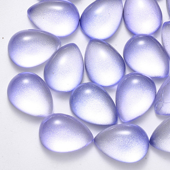 Transparent Spray Painted Glass Cabochons, with Glitter Powder, Teardrop, Lilac, 18x13x7mm