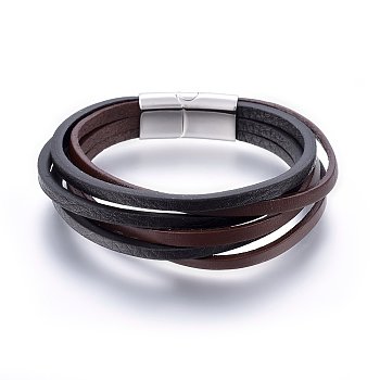 Leather Cord Multi-strand Bracelets, with 304 Stainless Steel Magnetic Clasps, Rectangle, Stainless Steel Color, 8-5/8 inch(22cm), 4~24x3mm