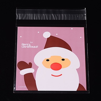 Rectangle OPP Cellophane Bags for Christmas, with Santa Claus Pattern, Pearl Pink, 13x9.9cm, Unilateral Thickness: 0.035mm, Inner Measure: 9.9x9.9cm, about 95~100pcs/bag