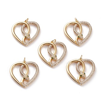 Brass Micro Pave Clear & Green Cubic Zirconia Findings Pendants, Heart Shape Snake, Real 18K Gold Plated, 24.5x24x3.5mm, Jump Ring: 5x1mm, 3mm Inner Diameter