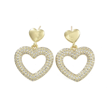 Hollow Heart Brass with Cubic Zirconia Stud Earrings, Long-Lasting Plated, Lead Free & Cadmium Free, Real 18K Gold Plated, 25x19.5mm