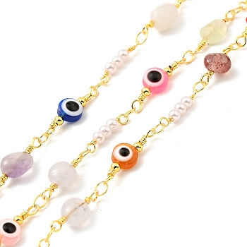 Natural Mixed Gemstone Nuggets & Colorful Glass Evil Eye Beaded Chain, with Brass Findings, Soldered, with Spool, Lead Free & Cadmium Free, Real 18K Gold Plated, 19x5.5x3.5mm, 14x2.5mm