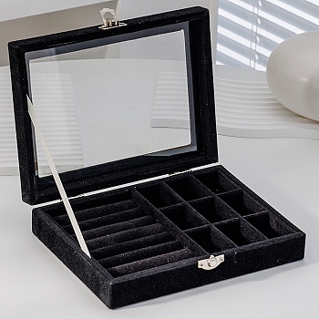 Rectangle Velvet Jewelry Organizer Boxes, Clear Visible Window Case for Rings, Earrings, Necklaces, Black, 20x15x5cm
