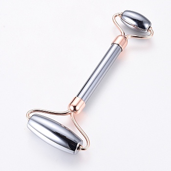 Brass and Terahertz Stone Massage Tools, Facial Rollers, Double-Headed, Rose Gold, 142x56x18mm