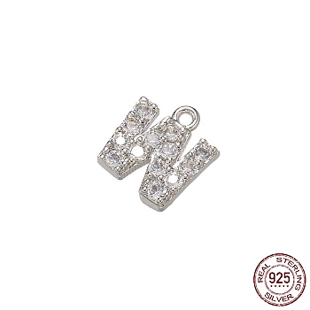 Real Platinum Plated Rhodium Plated 925 Sterling Silver Micro Pave Clear Cubic Zirconia Charms, Initial Letter, Letter W, 8.5x8x1mm, Hole: 0.9mm