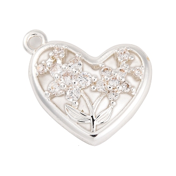 Brass Micro Pave Clear Cubic Zirconia Pendants, Heart with Flower, 925 Sterling Silver Plated, 16x19x6mm, Hole: 1.5mm