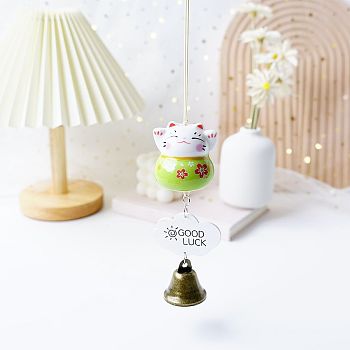 Porcelain Maneki Neko Hanging Wind Chimes Decor, Feng Shui Lucky Cat for Car Interiors Bell Hanging Ornaments, Yellow Green, 280mm