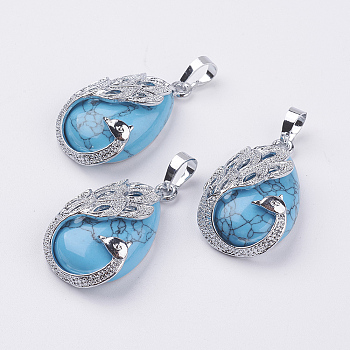 Synthetic Turquoise Pendants, with Brass Finding, Teardrop with Peacock, Platinum, 33x20x10.5mm, Hole: 5x6.5mm